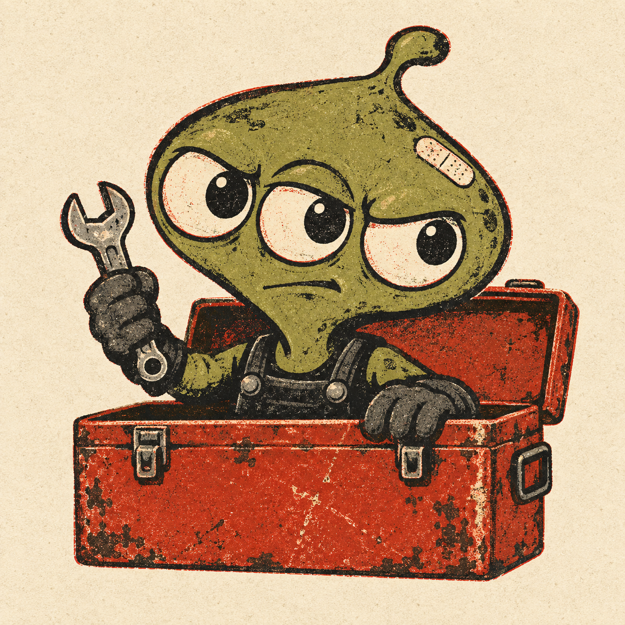 An olive three-eyed mechanic emerging from a rust red toolbox, holding a spanner